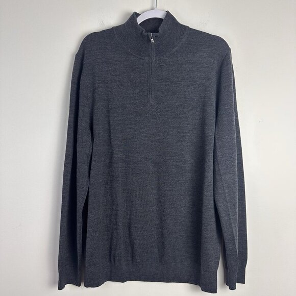 John Lewis Mens Merino Wool Crewneck Pullover 1/4 Zip Sweater‎ Gray Large Golf - Picture 1 of 11